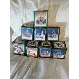 8 VTG Crystal Village Miniature Christmas Buildings Fire House Church Apothecary